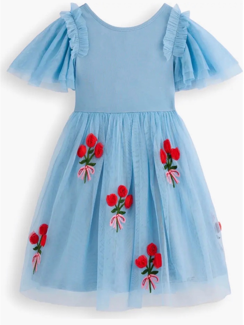 Mini Boden Light Blue Tulle Dress with Red Flowers Embroidery size 11/12